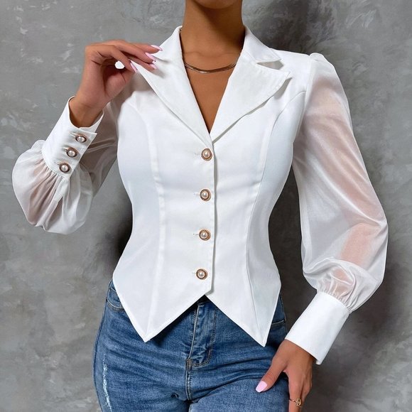 Contrast Mesh Asymmetrical Hem Blazer white - Picture 5 of 5